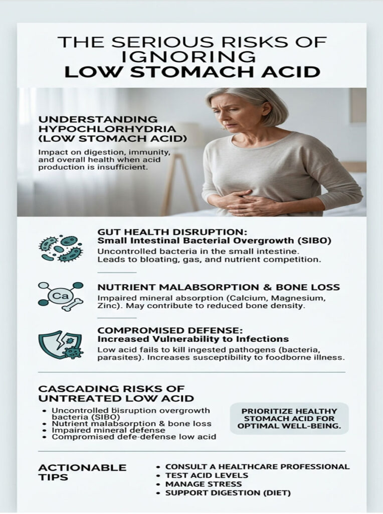 Infographic explaining risks of low stomach acid, including gut health disruption and nutrient malabsorption.