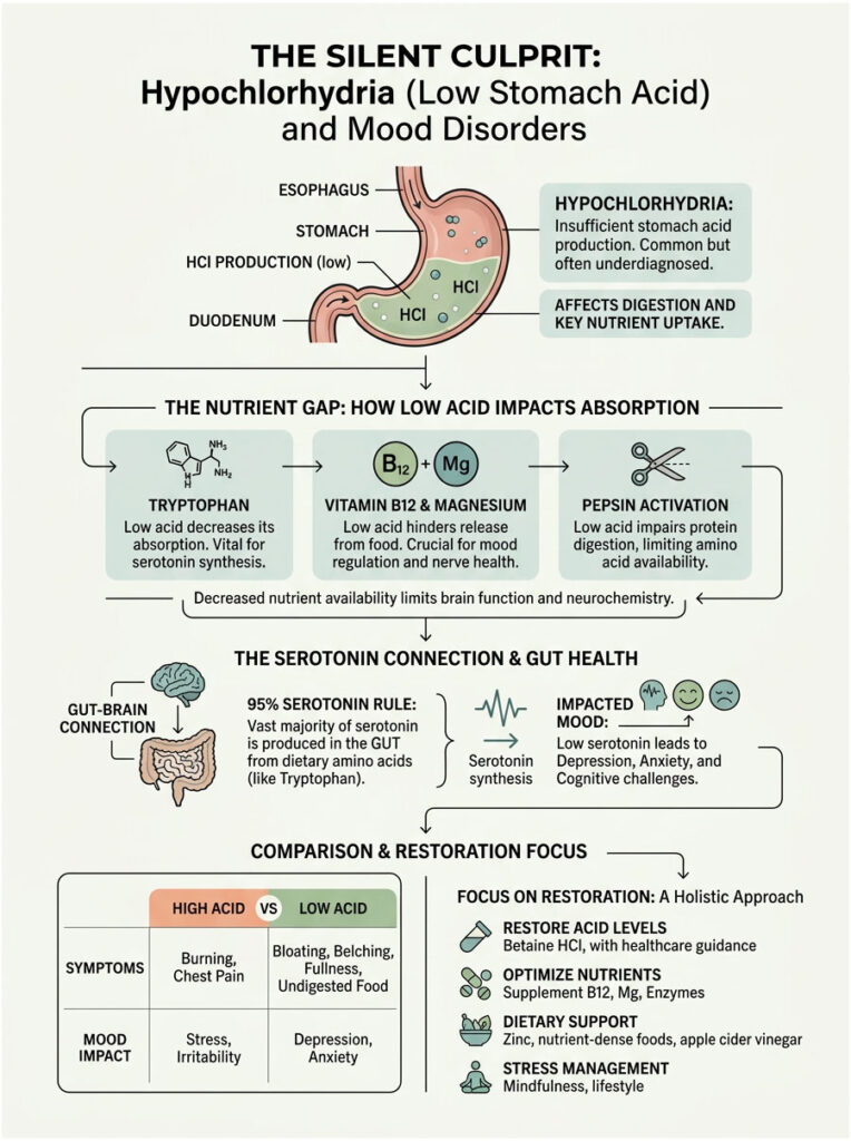 Infographic explaining hypochlorhydria, its effects on digestion, nutrient absorption, and mood disorders with illustrations and data.