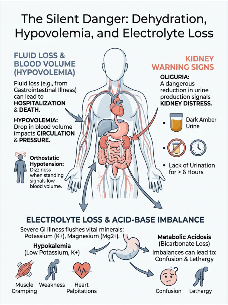 Infographic illustrating dehydration, hypovolemia, and electrolyte loss with charts and human body diagram.