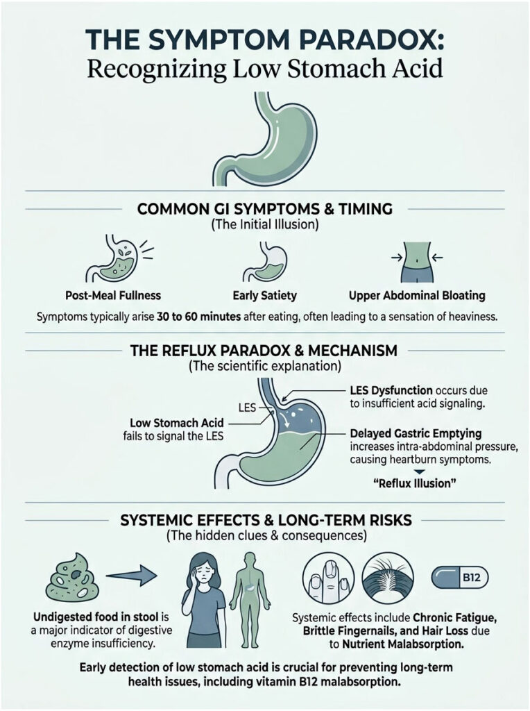 Infographic explaining low stomach acid symptoms, causes, and systemic effects with illustrations and text descriptions.