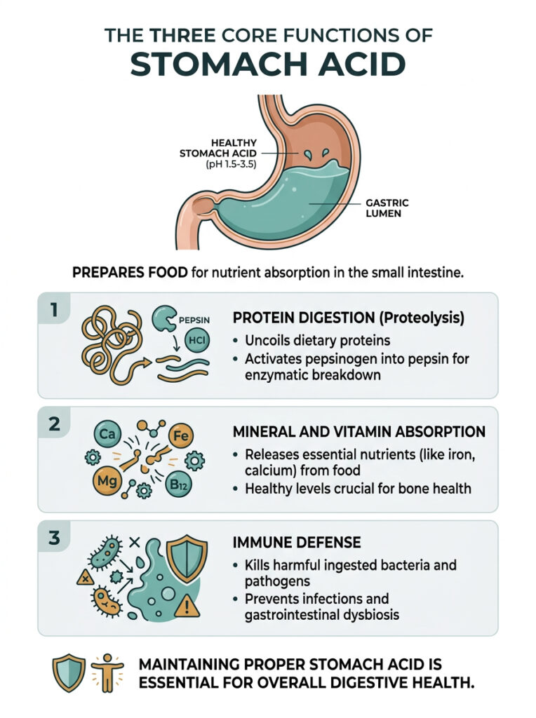 Infographic showing stomach acid functions: digestion, nutrient absorption, and immune defense with illustrations and text.