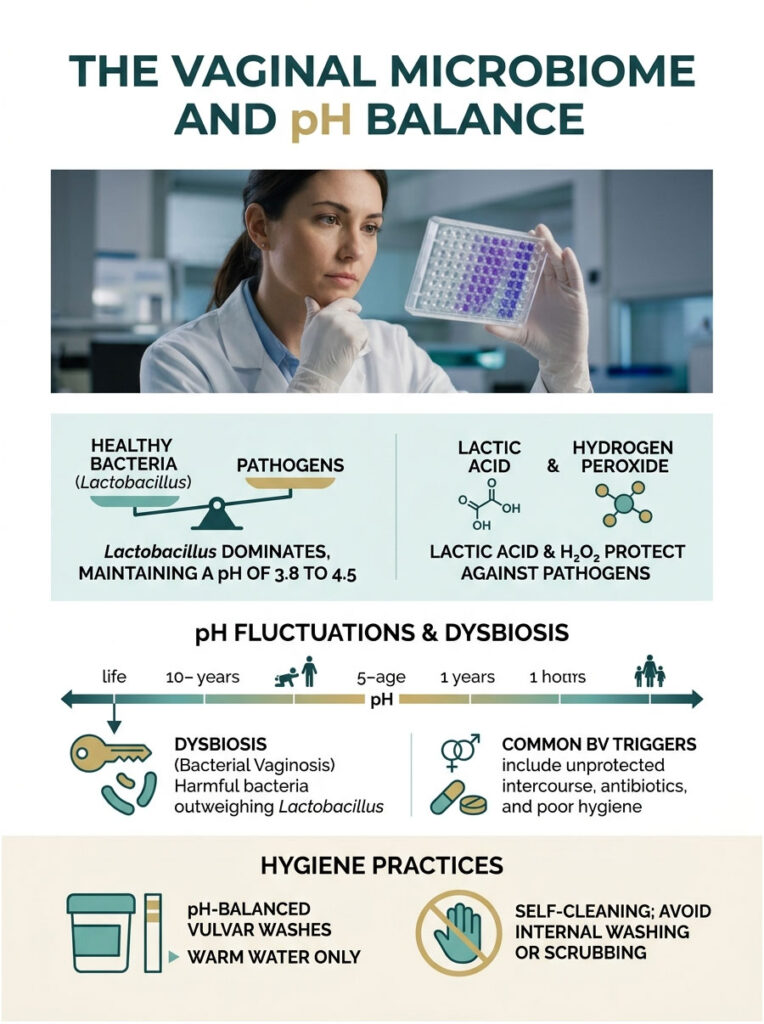 Infographic showing the vaginal microbiome, pH balance, and hygiene practices with charts and illustrations.