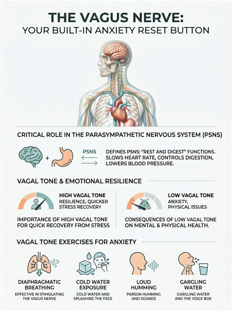 Infographic illustrating the vagus nerve's role in anxiety, featuring diagrams, text, and exercises for recovery.