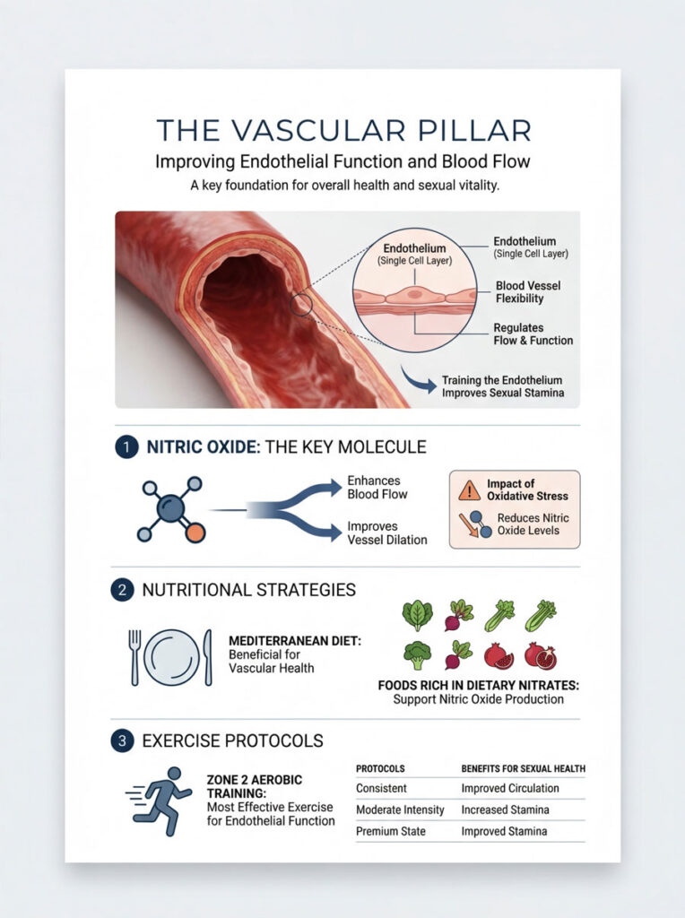 Infographic on improving endothelial function with nitric oxide, nutrition, and exercise protocols for health.