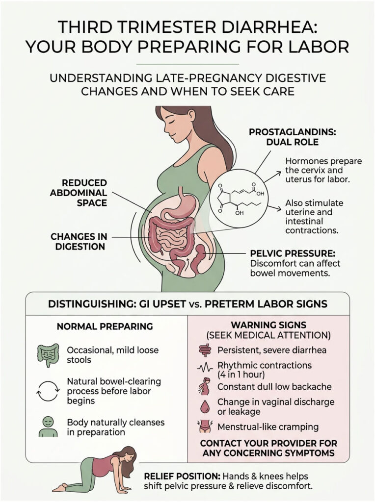 Infographic explaining third trimester diarrhea, featuring a pregnant woman, digestive system, and key signs to monitor.