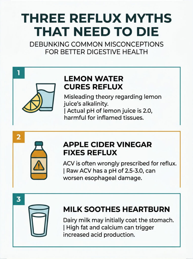 Infographic debunking three reflux myths with illustrations of lemon water, apple cider vinegar, and milk.