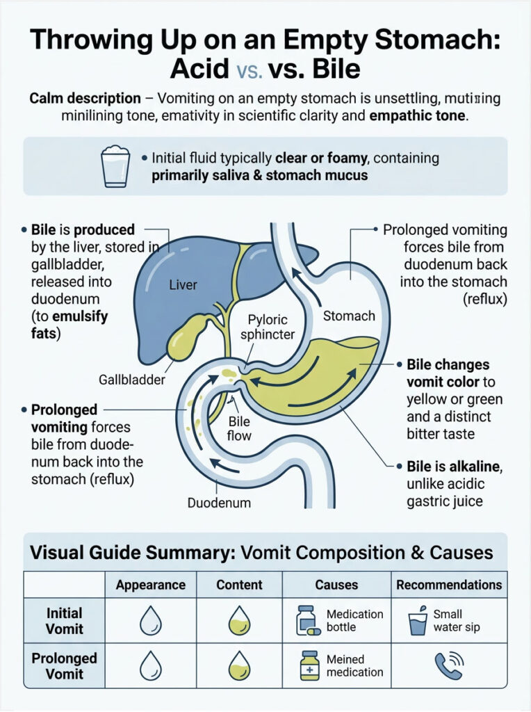 Infographic explaining vomiting on an empty stomach, detailing acid vs. bile, with diagrams and key points.