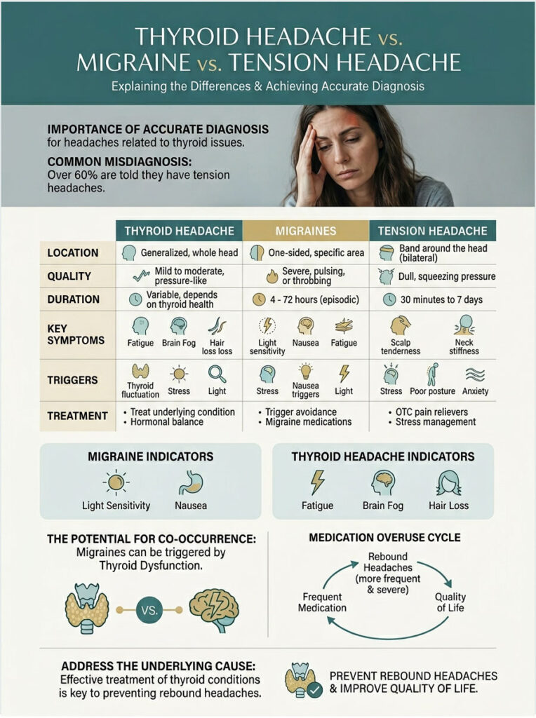 Infographic comparing thyroid headaches, migraines, and tension headaches with symptoms, triggers, and treatments.