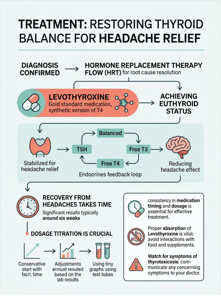 Infographic explaining thyroid balance treatment for headache relief, including levothyroxine and recovery timeline.