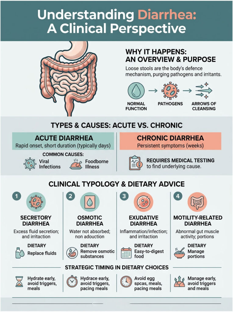 Infographic explaining diarrhea types, causes, and dietary advice with illustrations and charts.