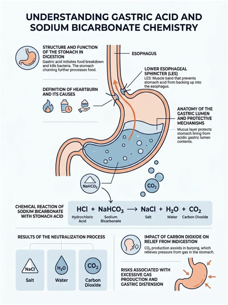 Infographic explaining gastric acid and sodium bicarbonate chemistry, featuring diagrams and chemical reactions.