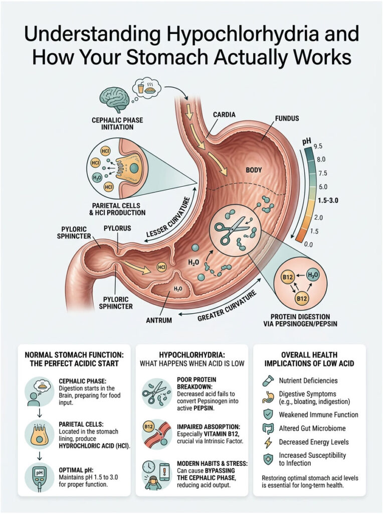 Infographic explaining hypochlorhydria, stomach function, and pH levels with illustrations and key points.