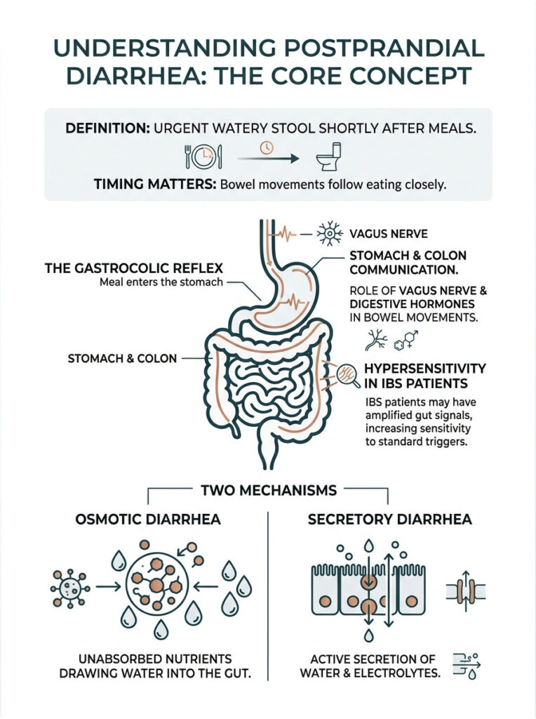 Infographic explaining postprandial diarrhea, featuring diagrams and definitions of mechanisms and reflexes involved.