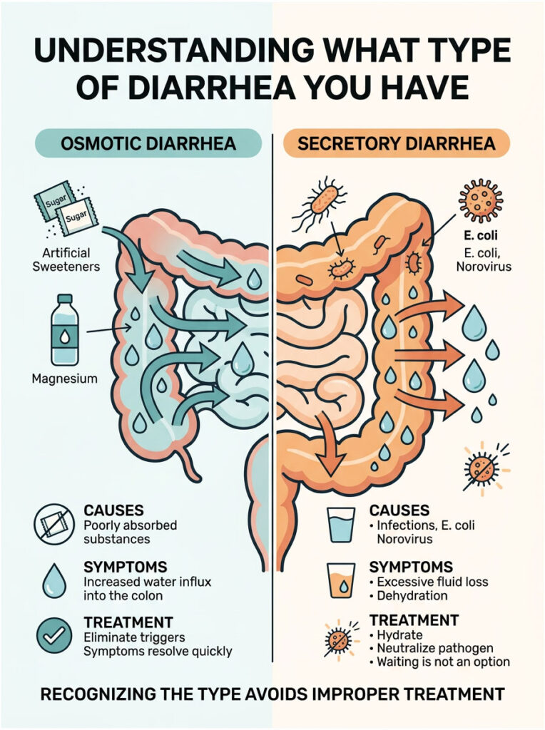 Infographic comparing osmotic and secretory diarrhea causes, symptoms, and treatments with illustrations and icons.