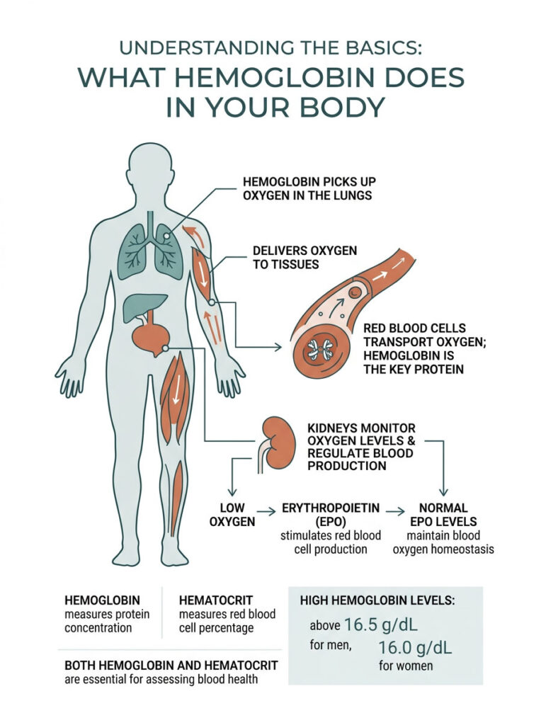 Infographic illustrating hemoglobin's role in oxygen transport and blood health with diagrams and data points.
