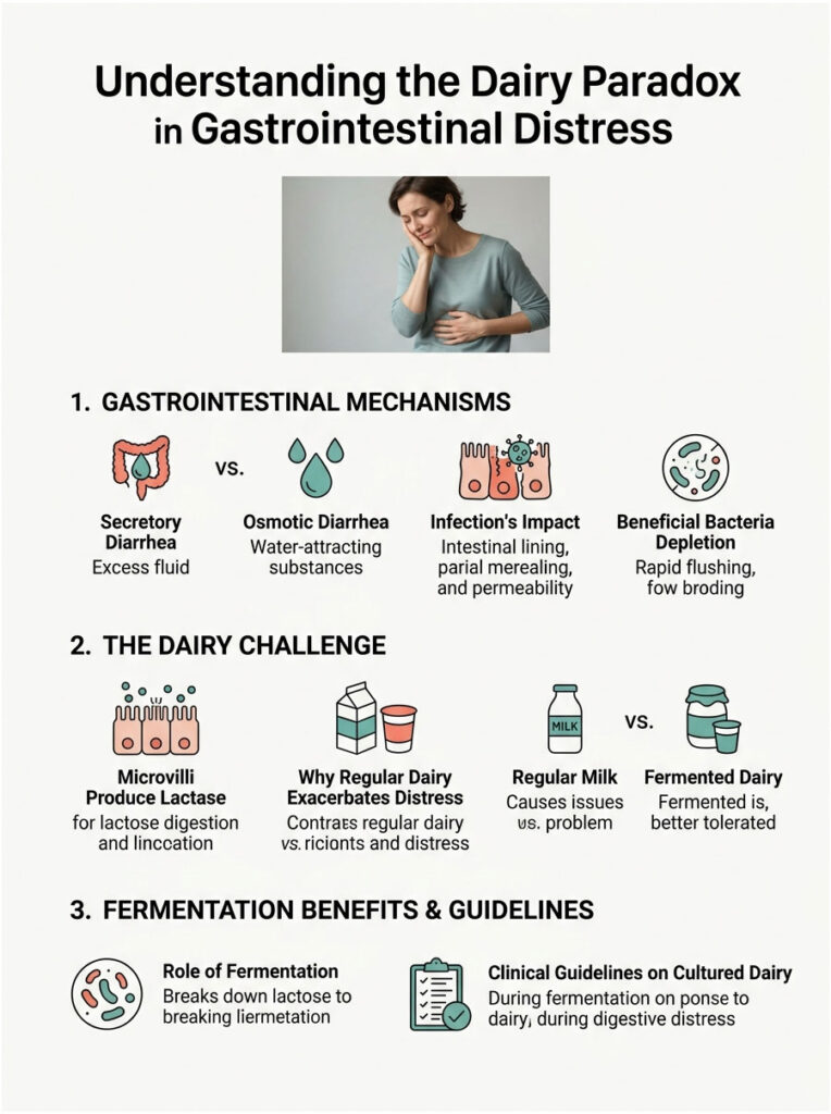Infographic explaining dairy paradox in gastrointestinal distress with charts on mechanisms and fermentation benefits.