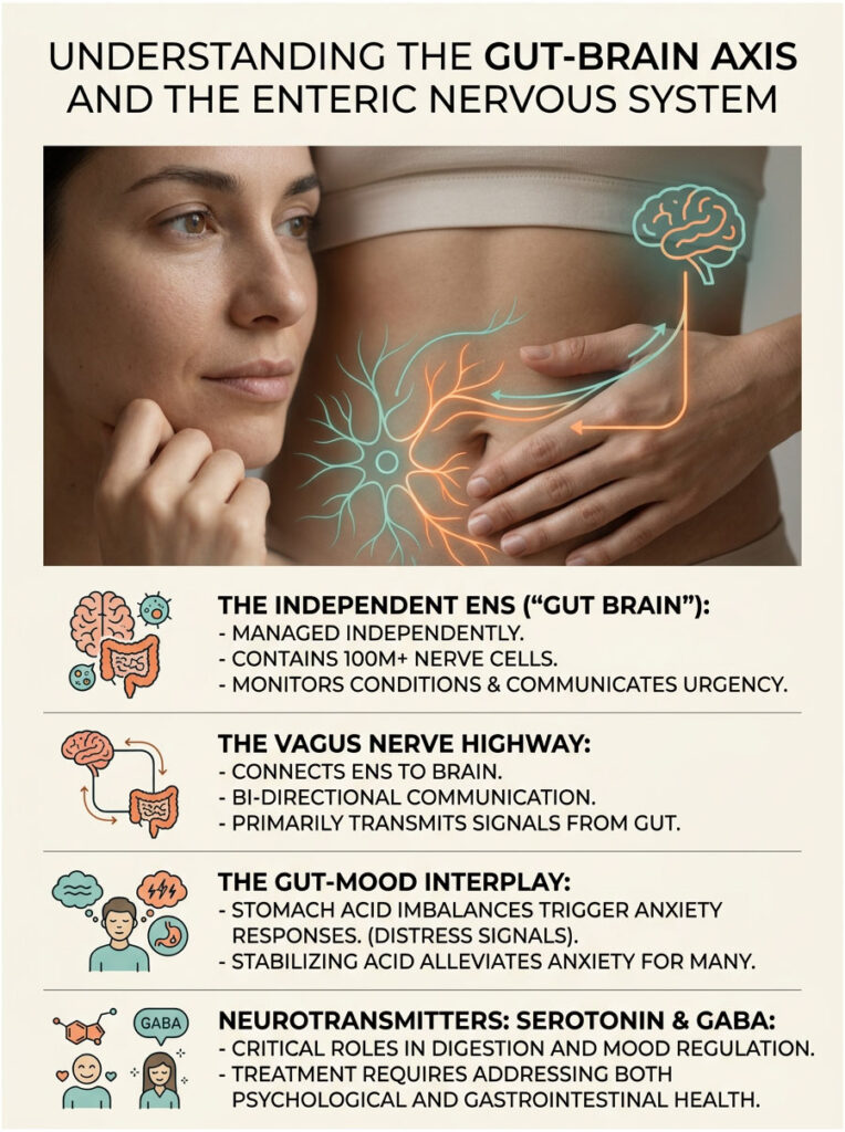 Infographic explaining the gut-brain axis and enteric nervous system with illustrations and key points.
