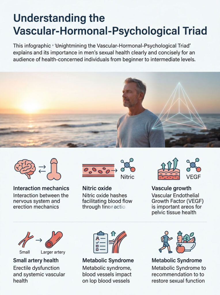 Infographic explaining the Vascular-Hormonal-Psychological Triad's role in men's sexual health with illustrations and text.