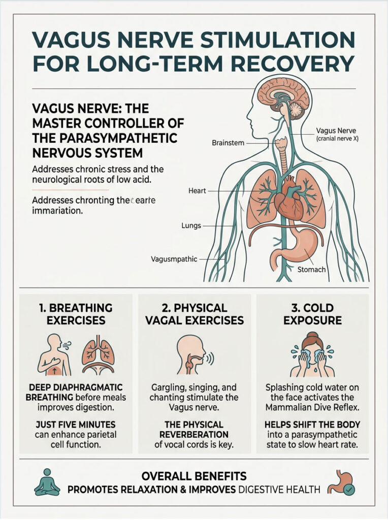 Infographic detailing vagus nerve stimulation techniques for recovery, including breathing exercises and cold exposure.