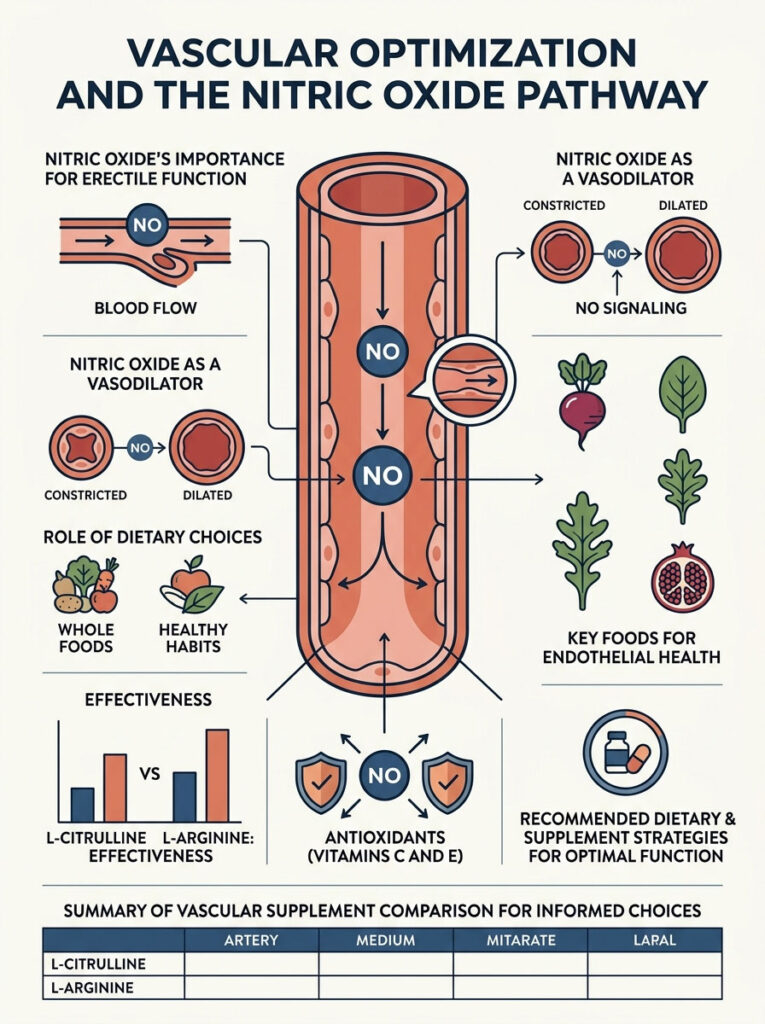 Infographic illustrating vascular optimization and nitric oxide pathway with charts, dietary choices, and key foods.