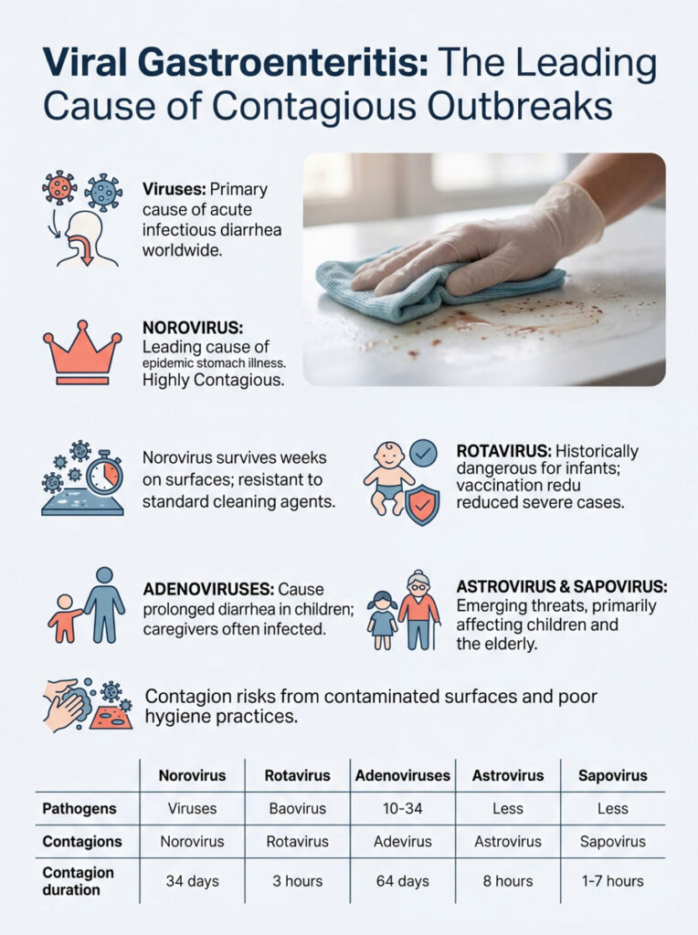 Infographic on viral gastroenteritis causes, featuring data on norovirus, rotavirus, adenoviruses, and hygiene practices.