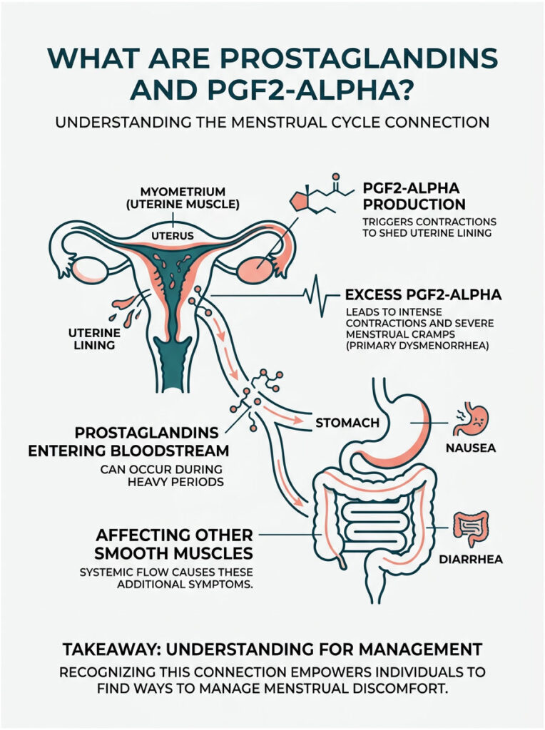 Infographic explaining prostaglandins and PGF2-alpha in the menstrual cycle with diagrams and key points.