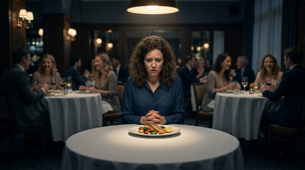 A woman sits alone at a table, staring at her meal in a dimly lit restaurant filled with diners.
