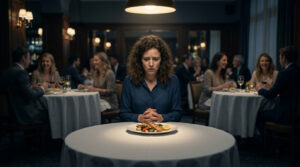 A woman sits alone at a table, staring at her meal in a dimly lit restaurant filled with diners.