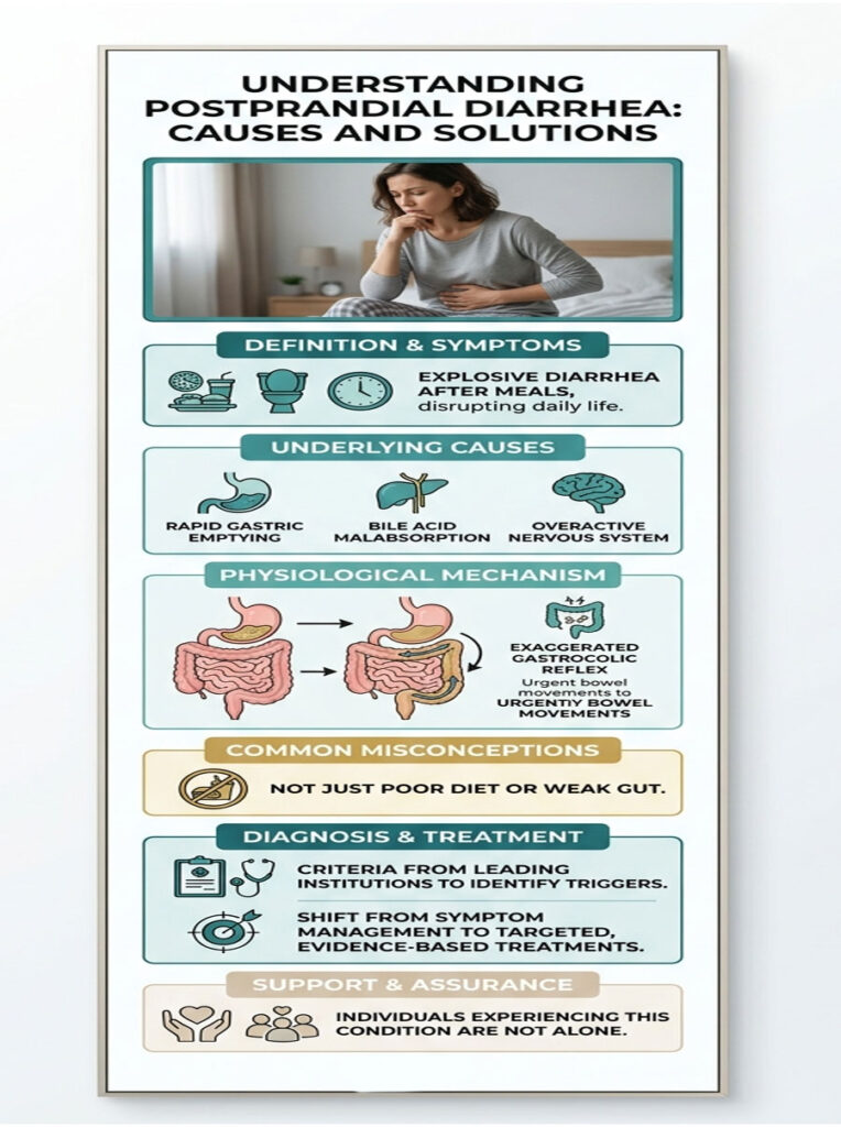 Infographic explaining postprandial diarrhea causes, symptoms, and treatment options with illustrations and text.