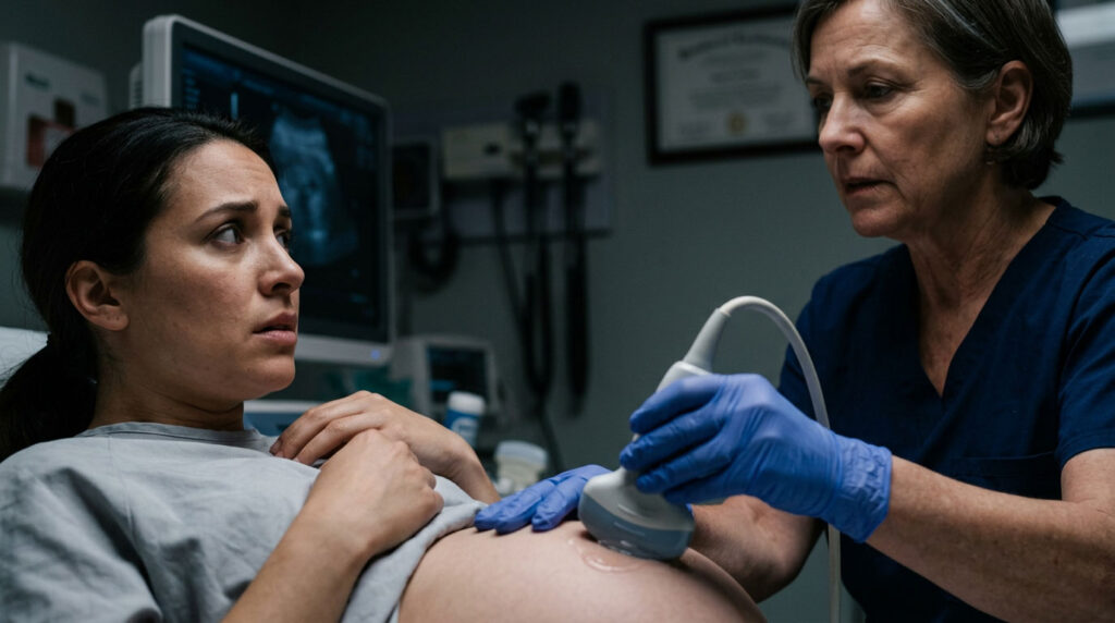 A pregnant woman looks concerned as a nurse performs an ultrasound in a medical setting.