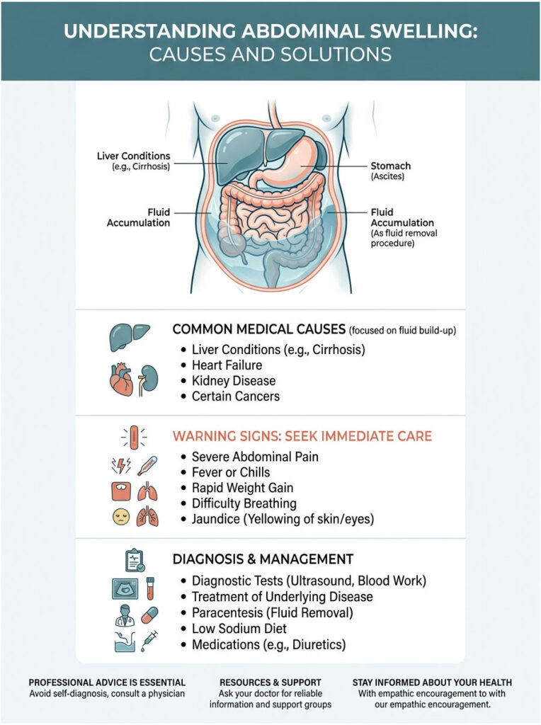 Infographic showing causes and solutions for abdominal swelling, including medical conditions and warning signs.