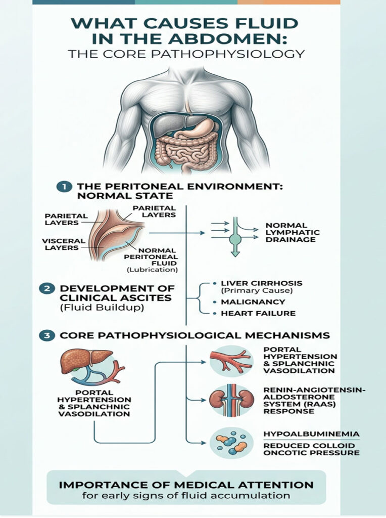 Infographic illustrating causes of abdominal fluid, showing anatomy, clinical ascites, and pathophysiological mechanisms.