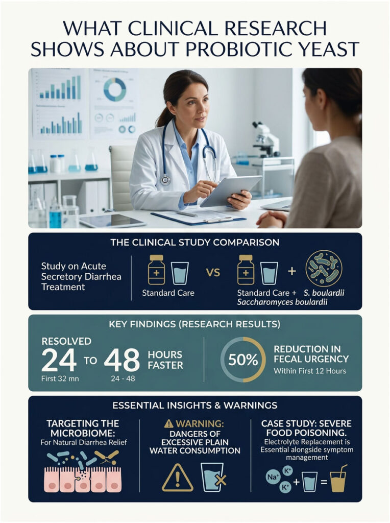 Infographic showing clinical research on probiotic yeast, including study comparisons and key findings on diarrhea treatment.