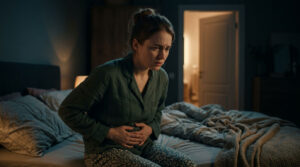 A woman in green pajamas sits on a bed, holding her stomach with a pained expression in a dimly lit room.