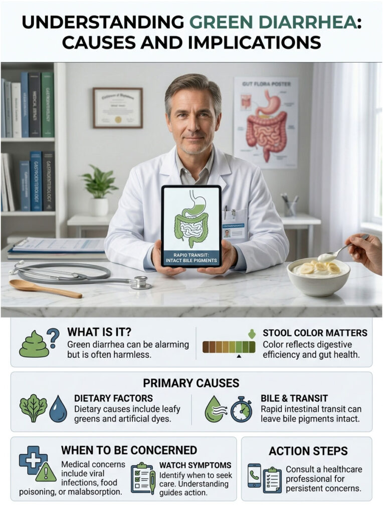 Doctor explains green diarrhea causes with charts on stool color, dietary factors, and action steps in an infographic.