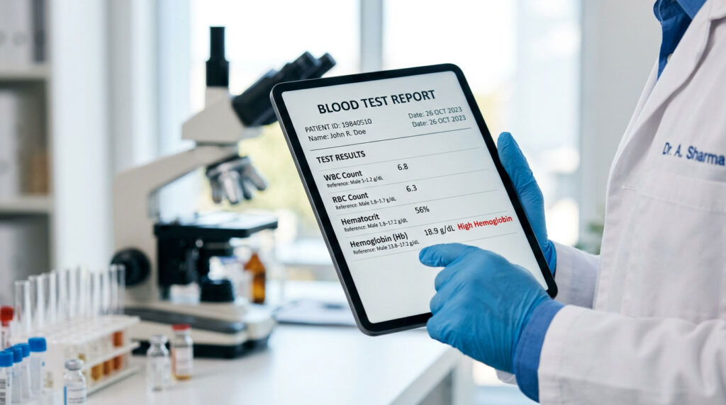 A doctor in a lab coat holds a tablet displaying a blood test report in a laboratory setting.