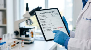 A doctor in a lab coat holds a tablet displaying a blood test report in a laboratory setting.