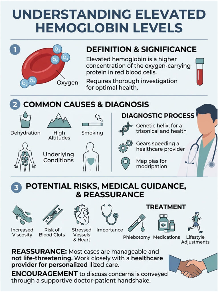 Infographic explaining elevated hemoglobin levels, causes, risks, and treatment options with icons and text.