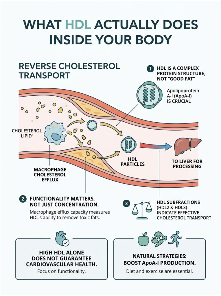 Infographic explaining HDL's role in reverse cholesterol transport, highlighting key processes and health tips.