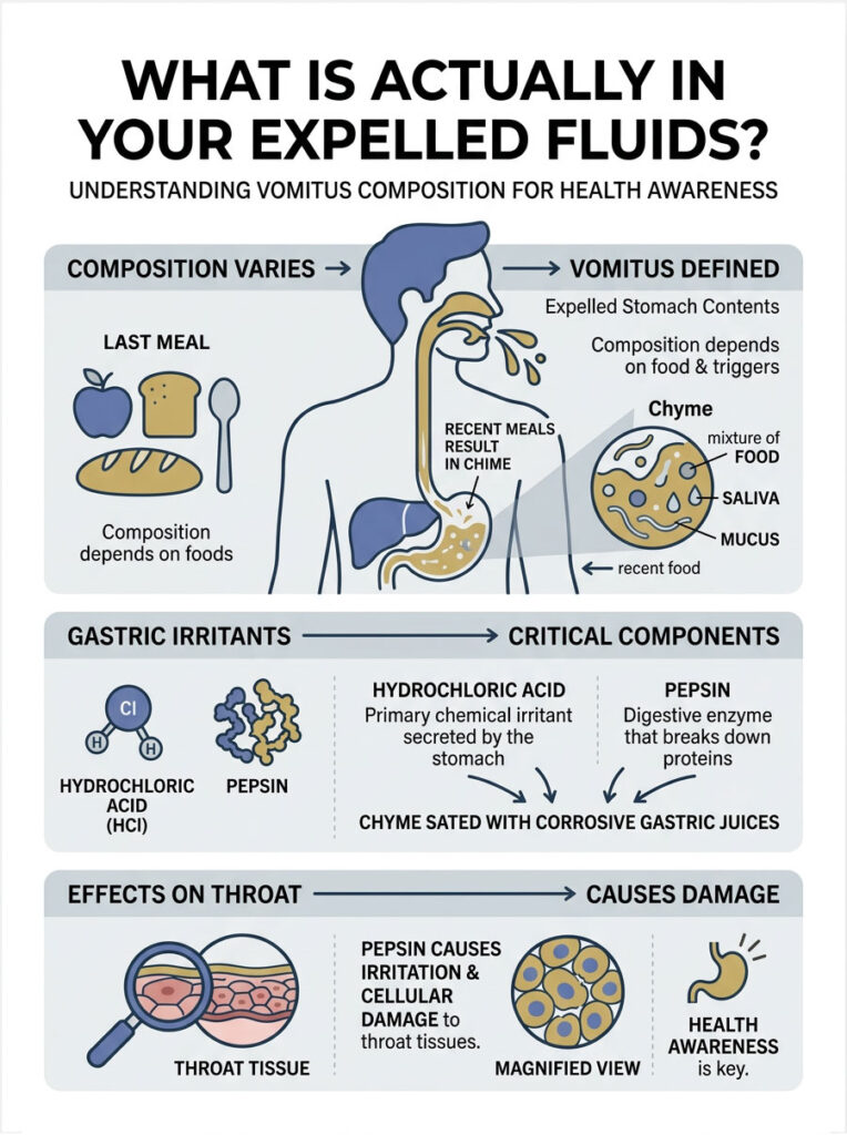 Infographic explaining vomit composition, showing stomach contents, gastric irritants, and throat damage effects.