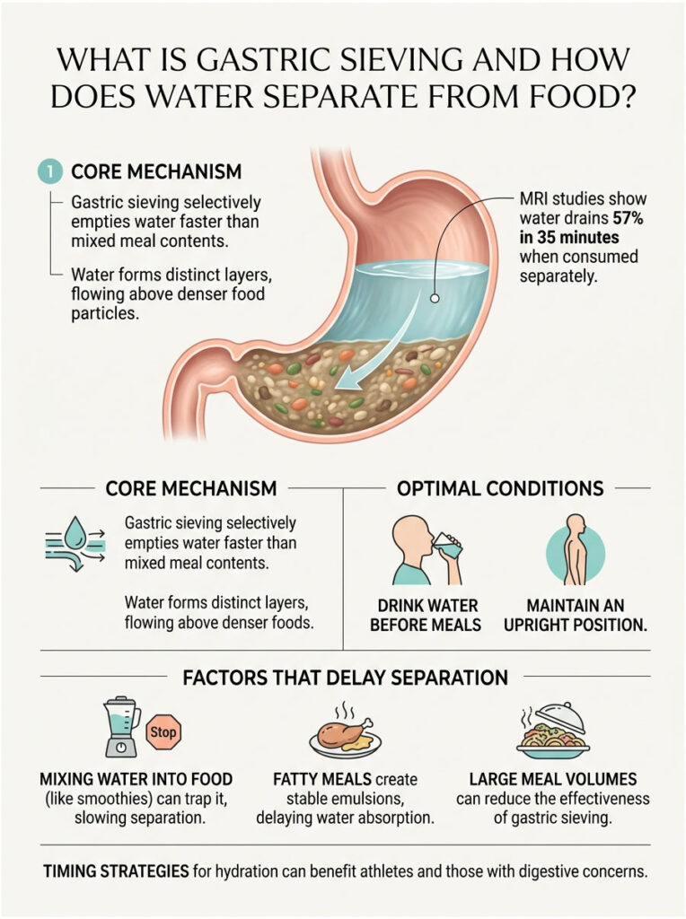 Infographic explaining gastric sieving with diagrams, text on mechanisms, optimal conditions, and factors affecting separation.