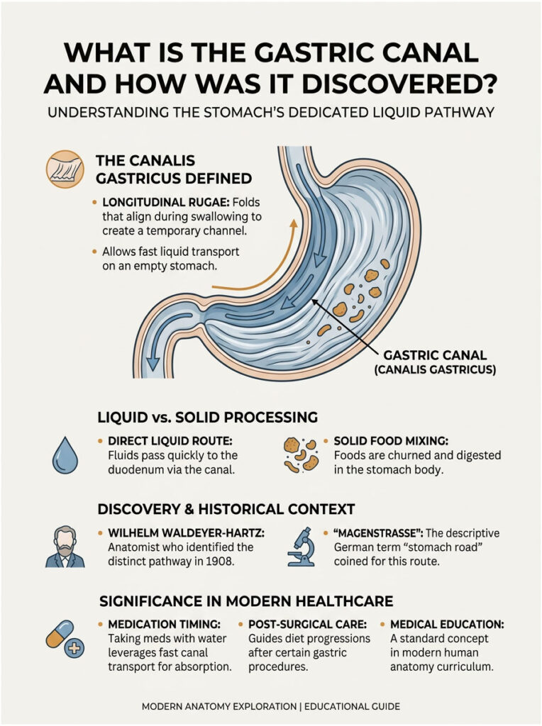 Infographic explaining the gastric canal, including definitions, processing methods, and historical context.