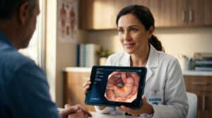 A doctor shows a patient a tablet displaying a digestive system diagram in a medical office.