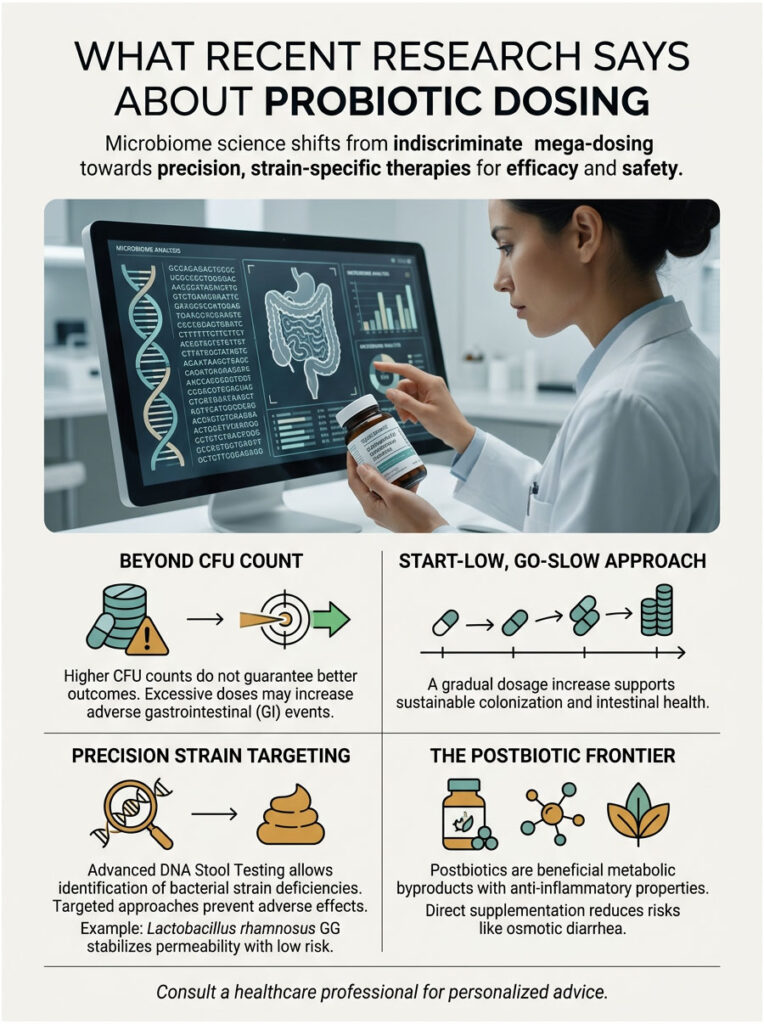 Infographic on probiotic dosing research, featuring charts, icons, and key points about precision therapies and safety.