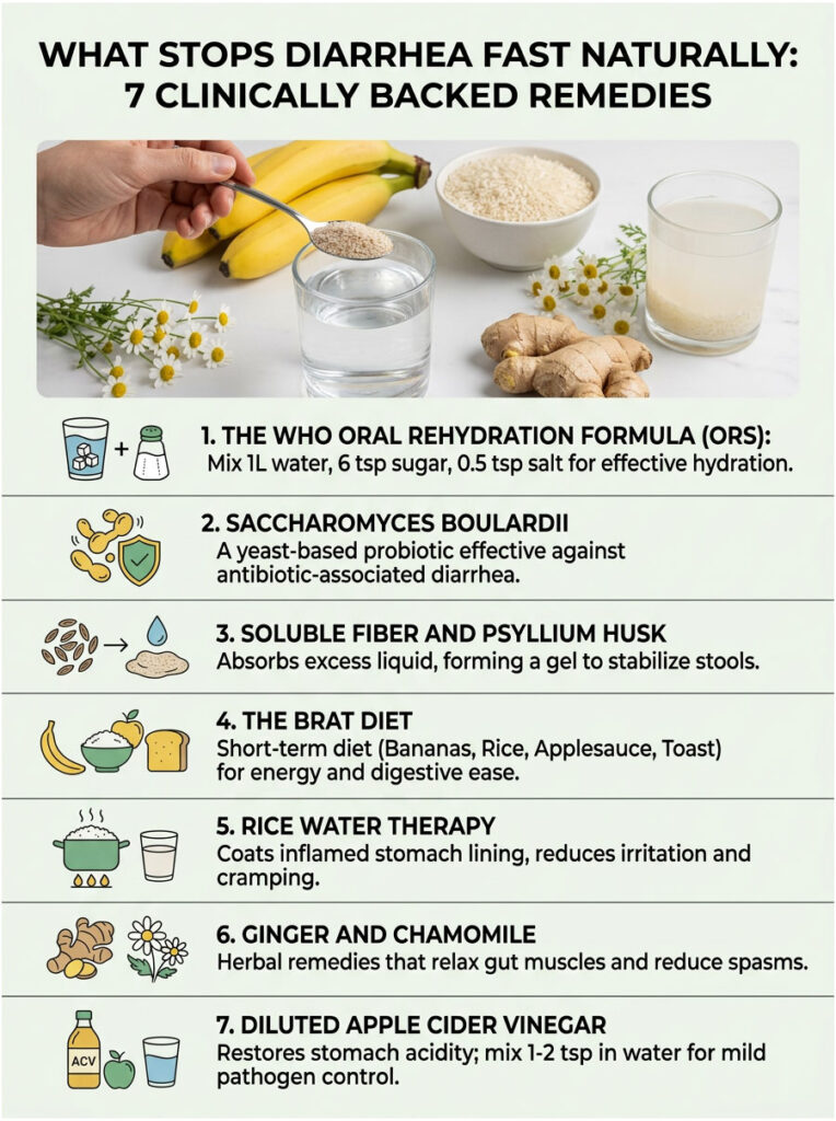Infographic showing 7 remedies for diarrhea, including ORS, probiotics, and dietary tips with illustrations.