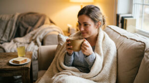 A woman wrapped in a blanket enjoys a warm drink on a couch with cozy decor.