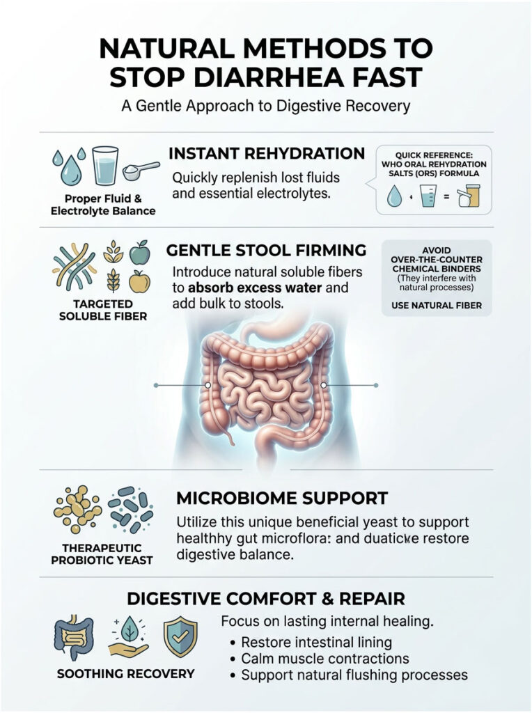 Infographic detailing natural methods to stop diarrhea fast, featuring hydration, fiber, and probiotics.