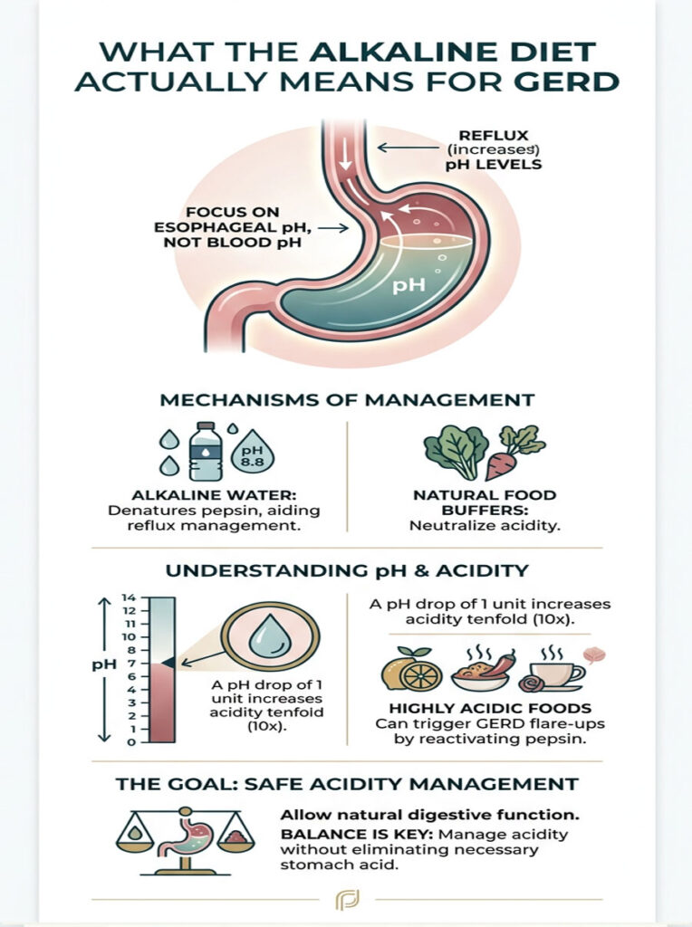 Infographic explaining the alkaline diet's impact on GERD, featuring pH levels, management mechanisms, and food types.