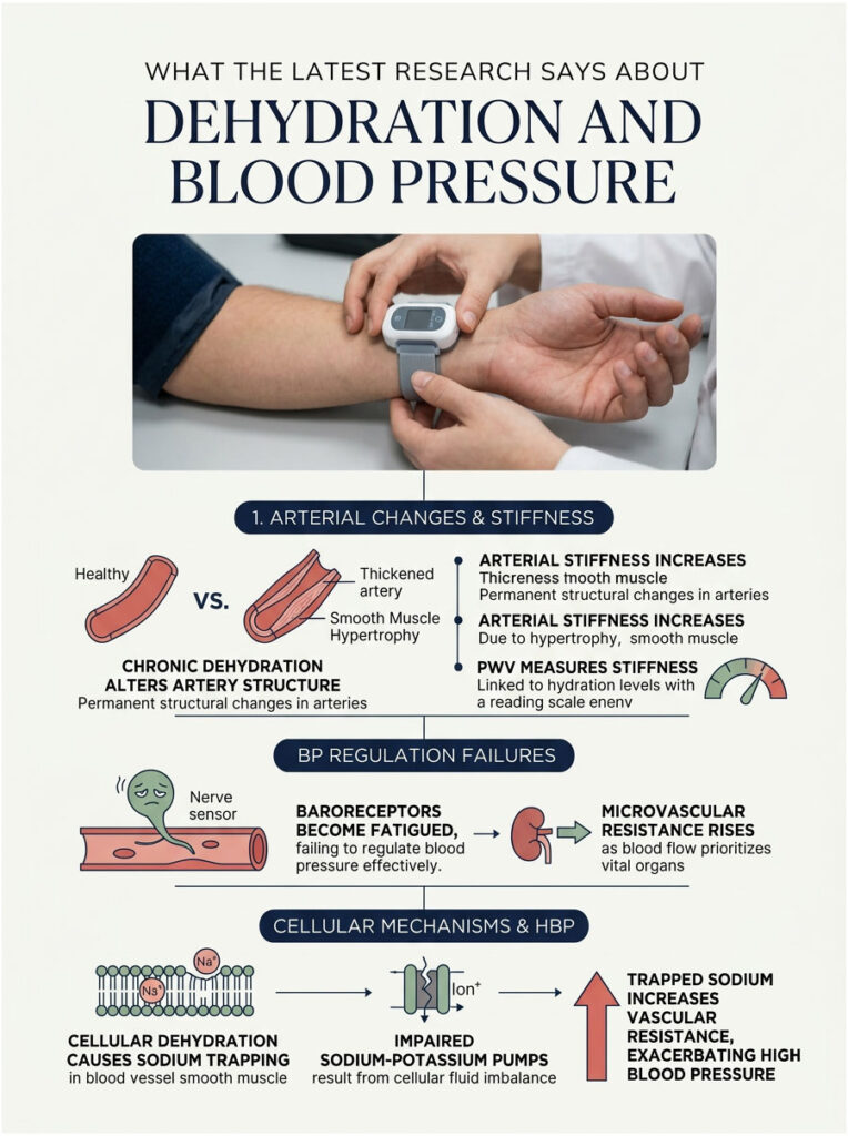 Infographic showing effects of dehydration on blood pressure with charts, icons, and key data points on arterial changes.