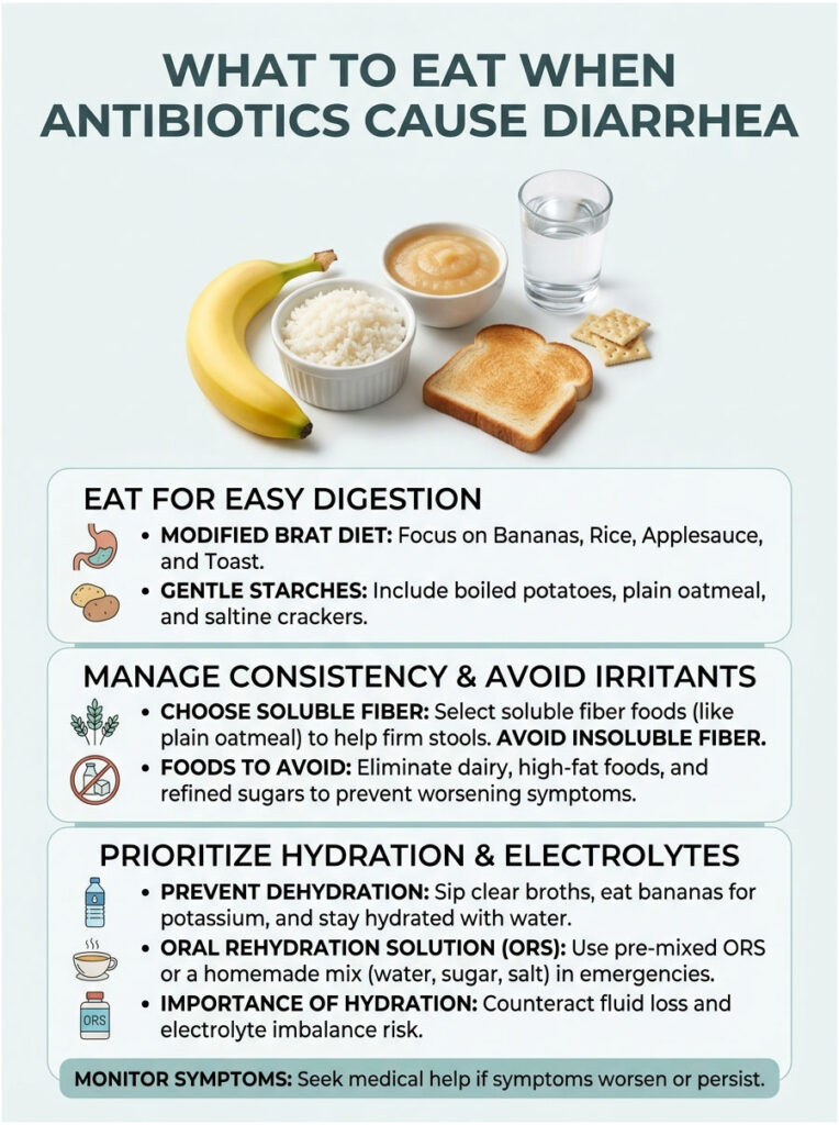 Infographic showing foods to eat when antibiotics cause diarrhea, including bananas, rice, and toast.